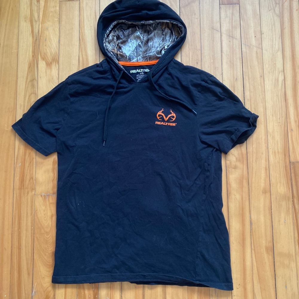 Realtree Mens Short Sleeve Hoodie Black Orange Camo Logo T-Shirt Size Large